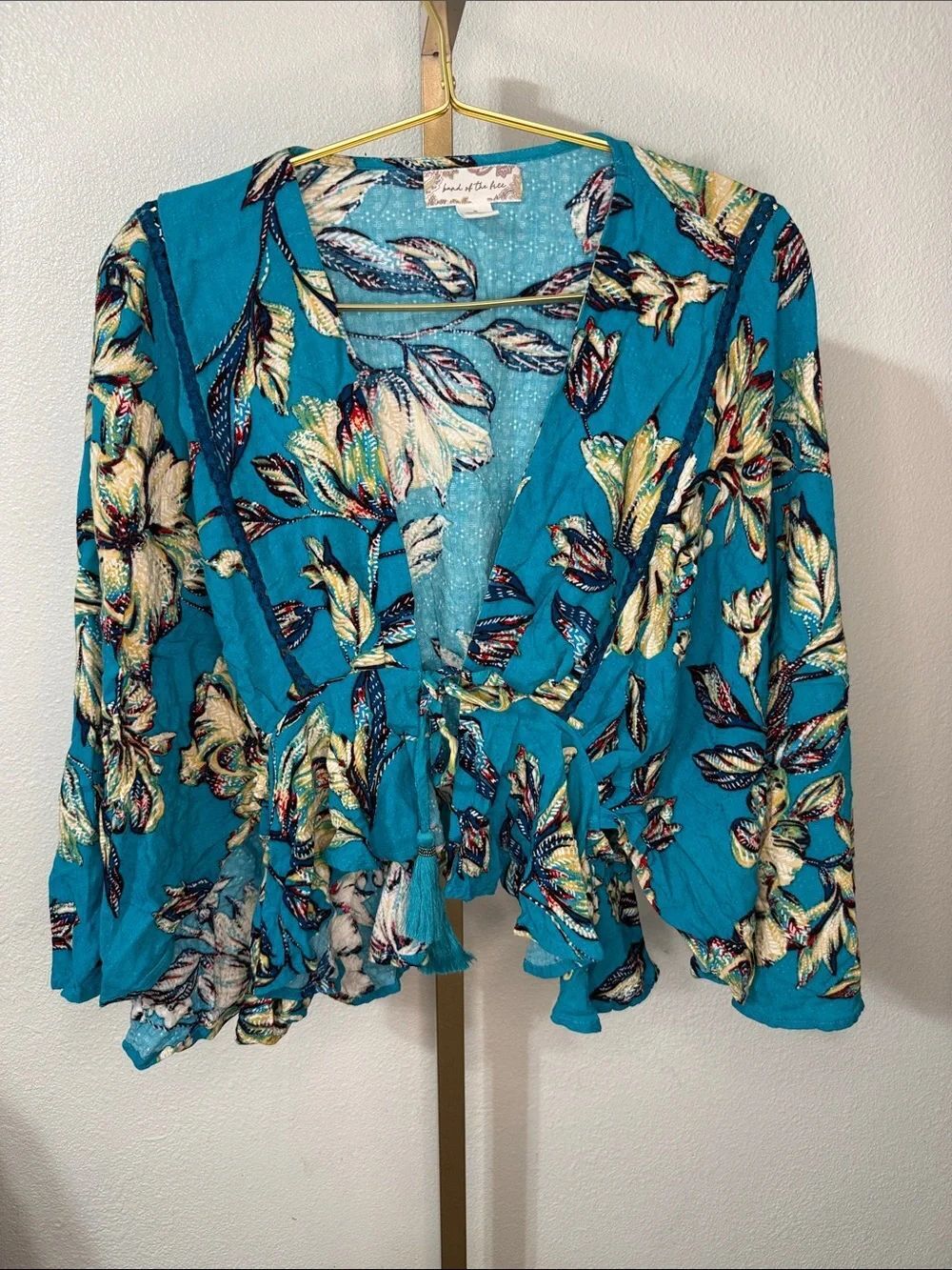 Band of the Free-Floral Tie-Front Turquoise Blouse with Ruffle Hem- medium
